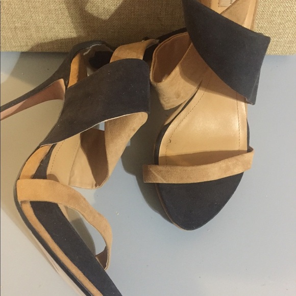 Zara Black & tan brown suede open‎ toe cross band platform stilettos size 41/10 - Picture 9 of 14